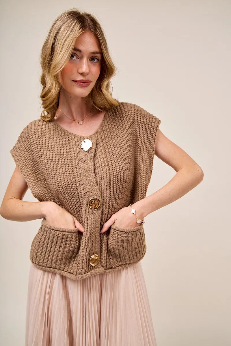 SO ME Big Metal Button Front Sweater Vest Sweater Vests