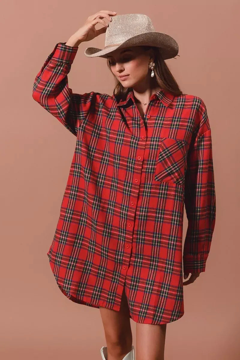 SO ME Christmas Checker Plaid Button Up Shirt Dress - DAVERRI FASHIONS