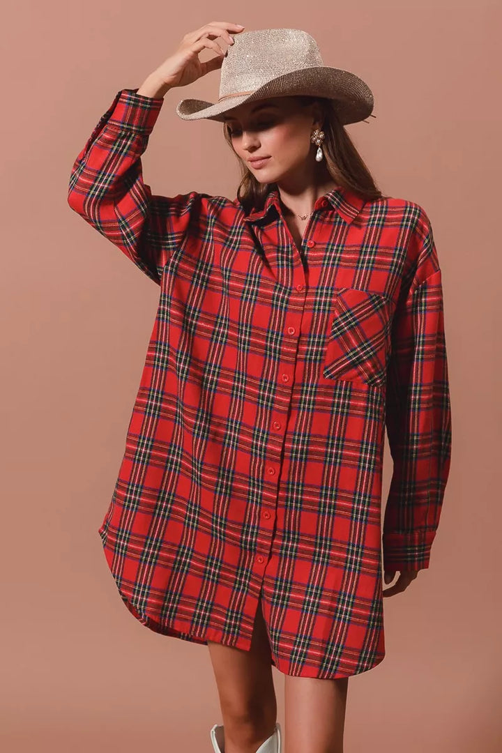 RED MULTI SO ME Christmas Checker Plaid Button Up Shirt Dress | Shirt Dresses Daverri Fashions