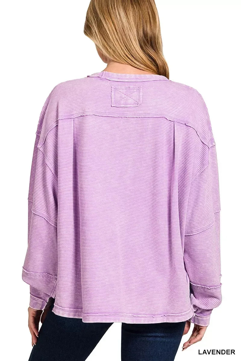 Zenana Acid Washed Exposed-Seam Sweatshirt - DAVERRI FASHIONS