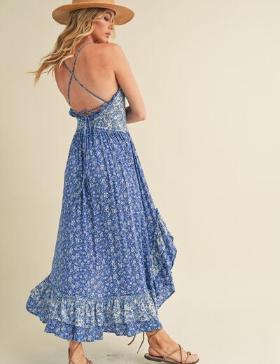 Aemi + Co Blue Ditsy Floral Ruffled Hem Maxi Cami Dress Cami Dresses