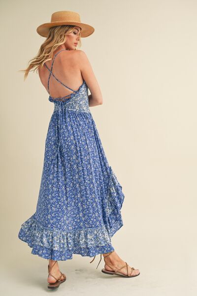 Aemi + Co Blue Ditsy Floral Ruffled Hem Maxi Cami Dress Cami Dresses