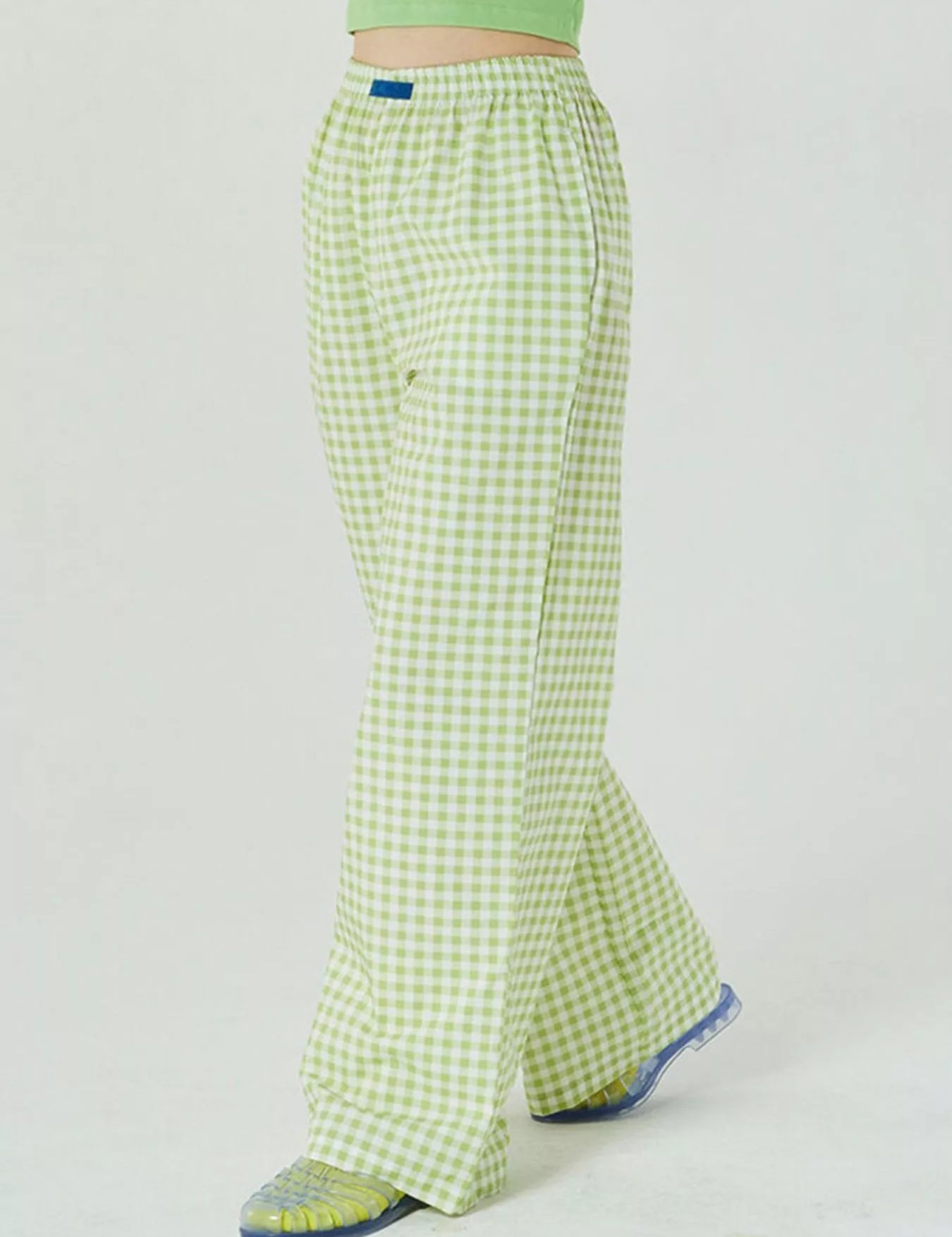Light Green Plaid Elastic Waist Wide Leg Pants | Loungewear Pants Daverri Fashions