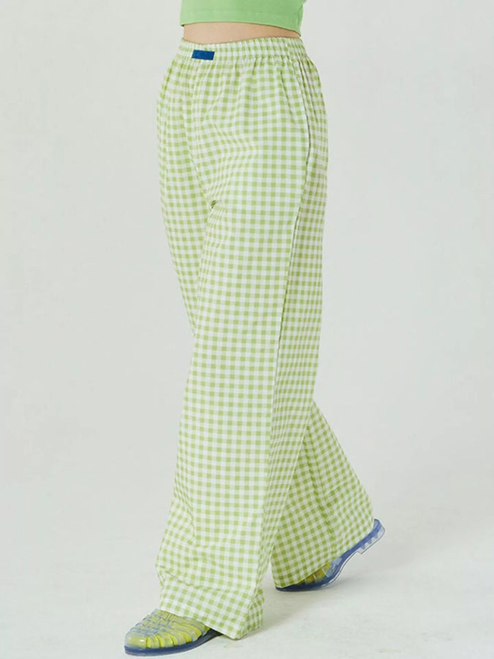Light Green Plaid Elastic Waist Wide Leg Pants | Loungewear Pants Daverri Fashions