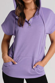 Lavender Drawstring Quarter Snap Cap Sleeve Hoodie with Pockets