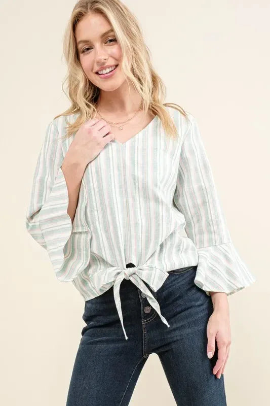 And The Why Stripe Tie Knot Front Bell Sleeve Top - DAVERRI FASHIONS