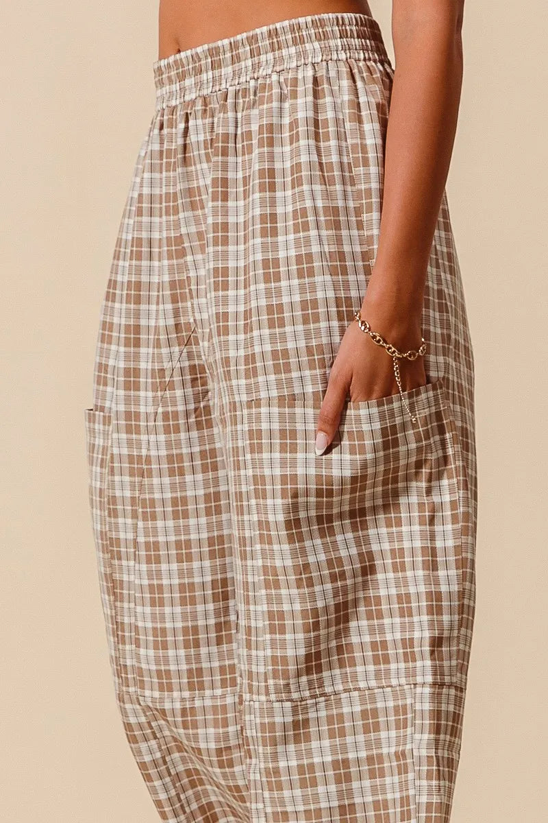 SO ME Check Plaid Wide Leg Pants with Big Patch Pockets