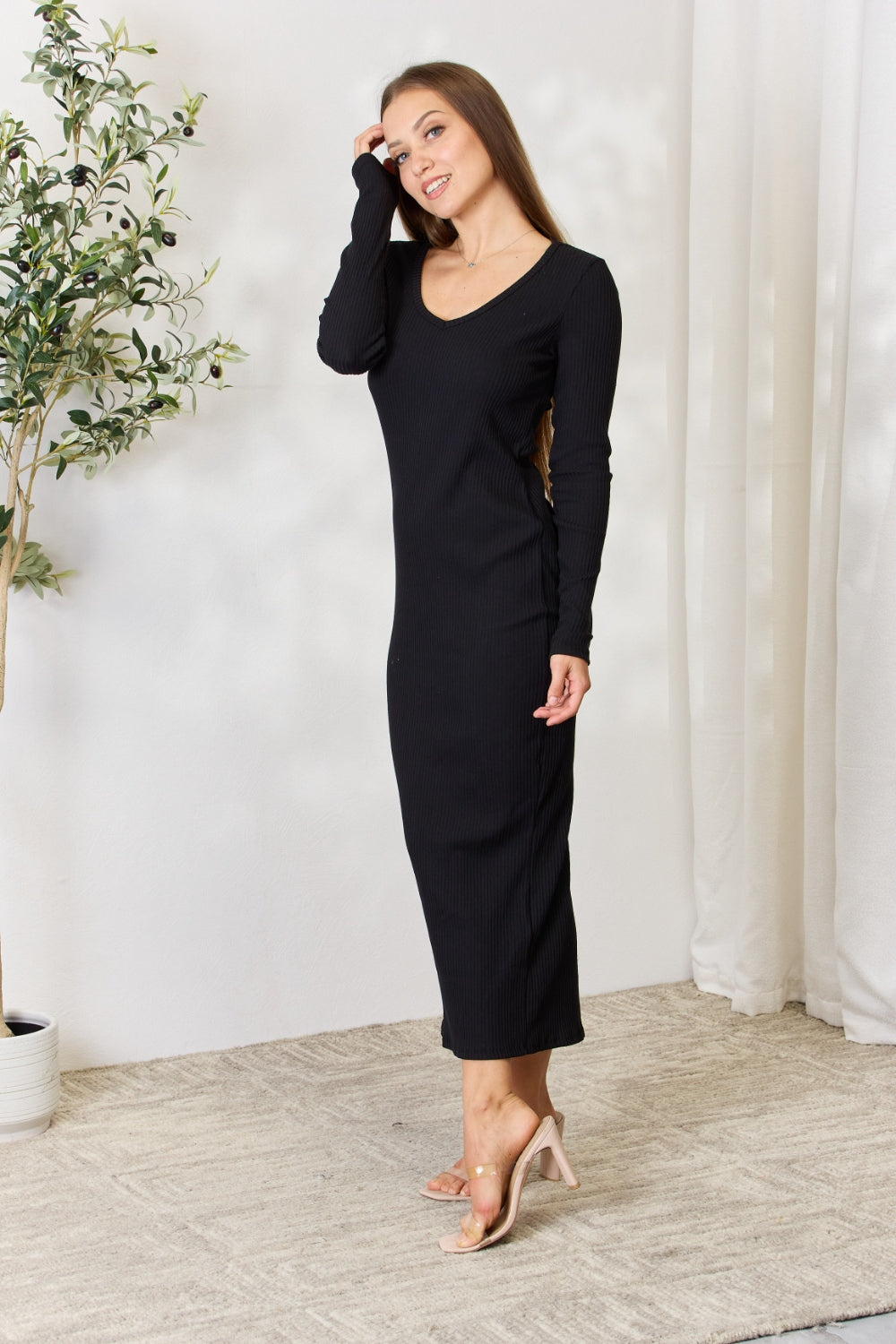 Culture Code Ribbed Long Sleeve Midi Slit Dress Clearance