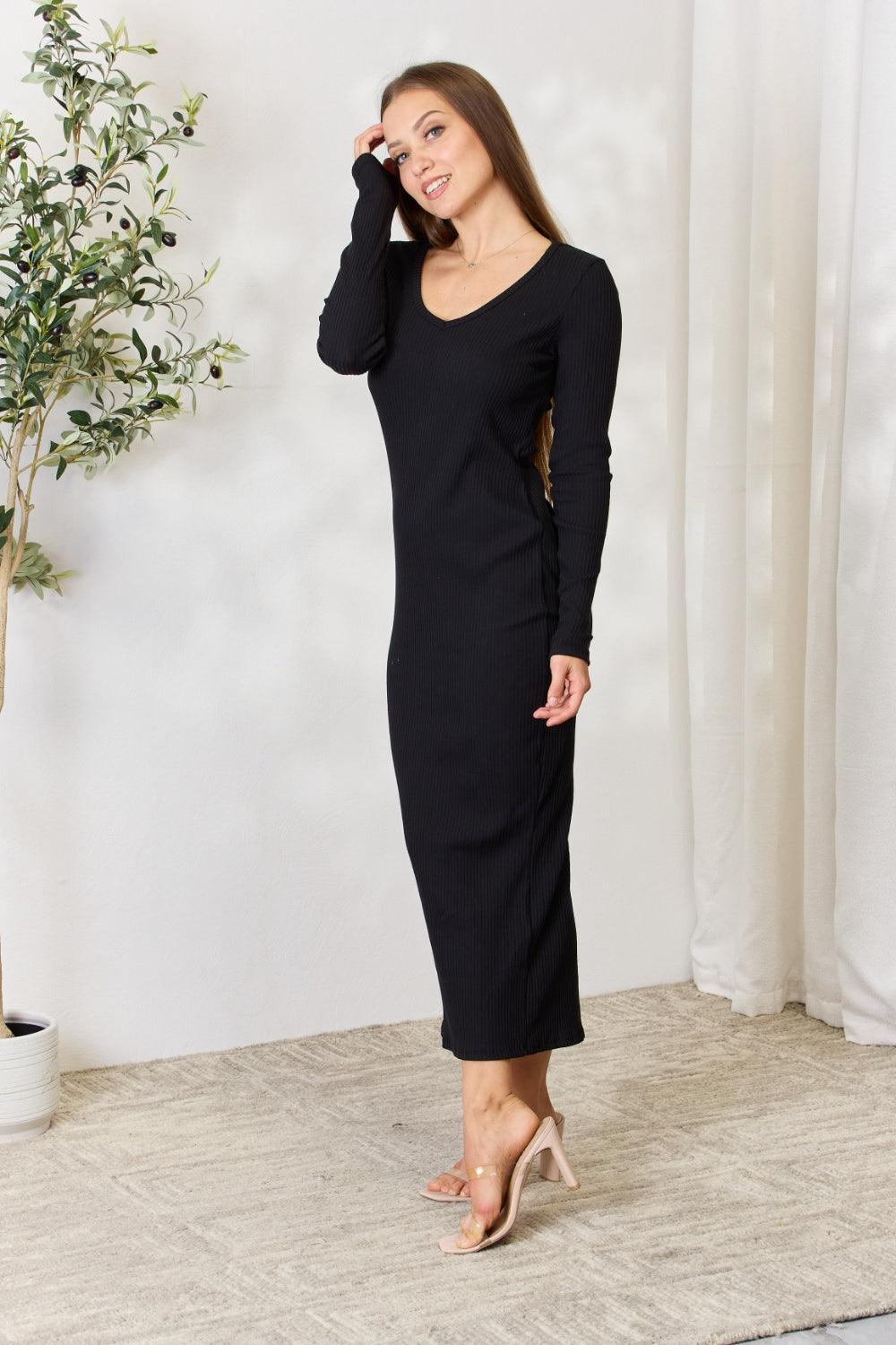 Culture Code Ribbed Long Sleeve Midi Slit Dress - DAVERRI FASHIONS