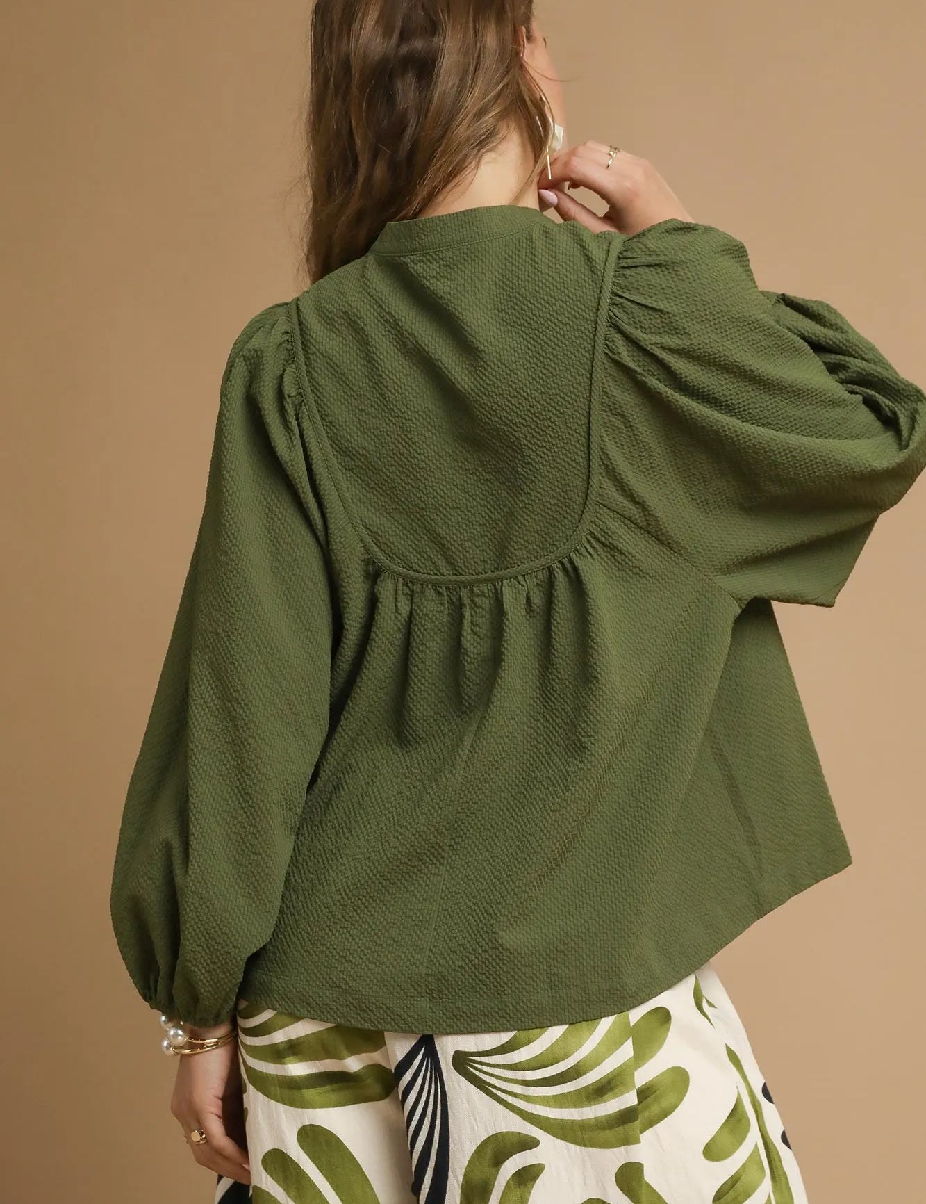 Umgee Textured Notched Blouse with Balloon Sleeves Olive | Blouses Daverri Fashions