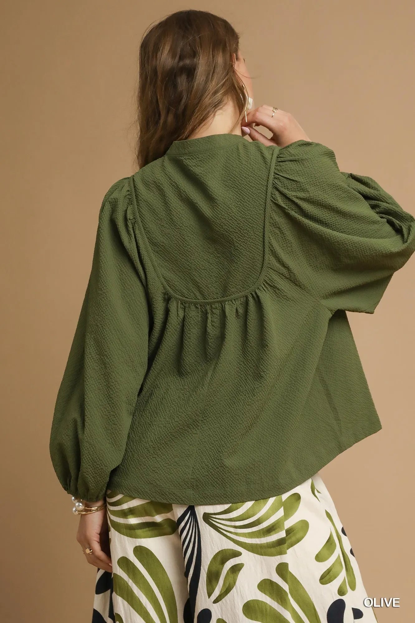 Umgee Textured Notched Blouse with Balloon Sleeves