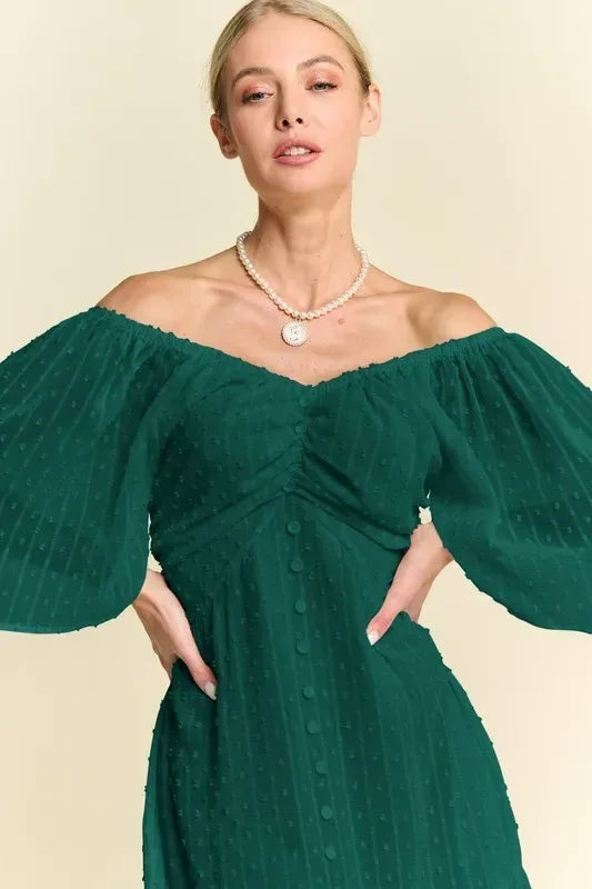 Davi & Dani Swiss Dotted Ruched Ruffle Open Back Midi Dress - DAVERRI FASHIONS