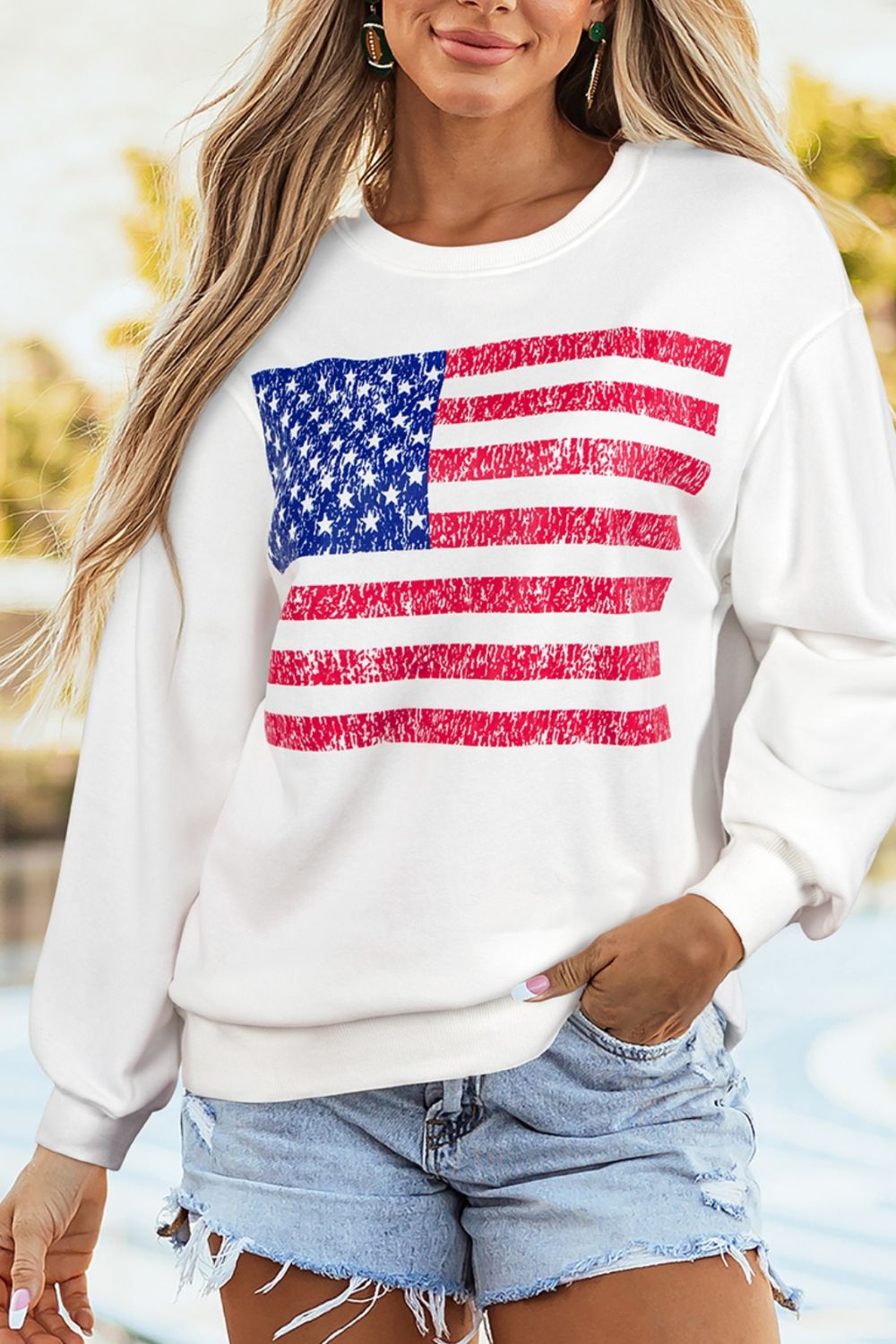 American flag round neck sweatshirt with red blue sequins
