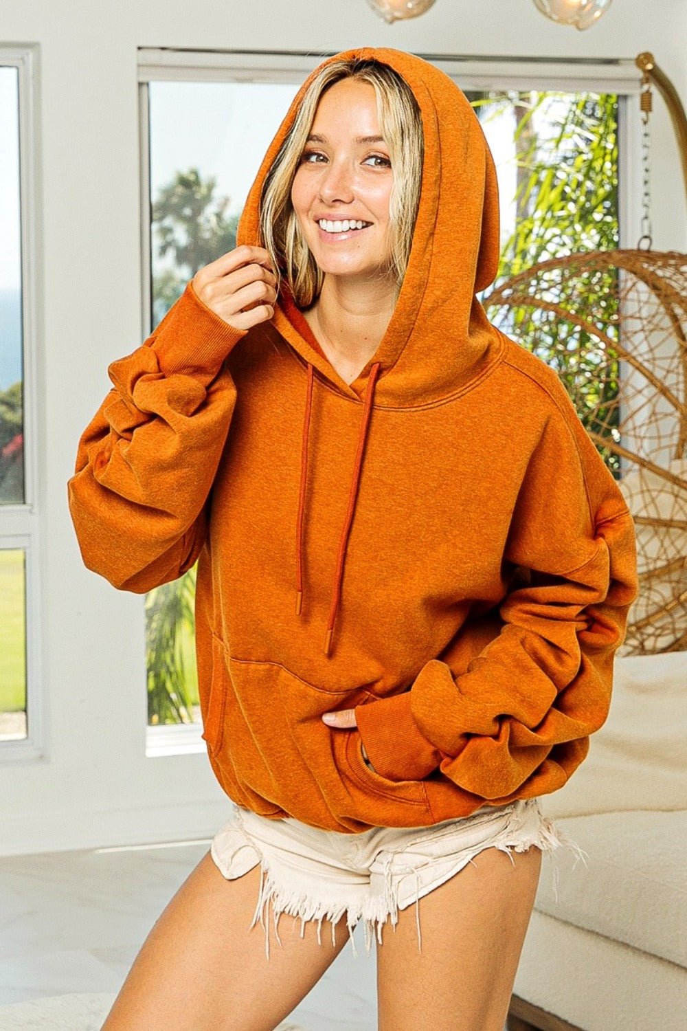 BiBi Ruched Long Sleeve Washed Fleece Hoodie Vintage Rust S