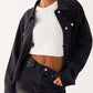Daverri button down cropped oversized denim jacket with silver buttons