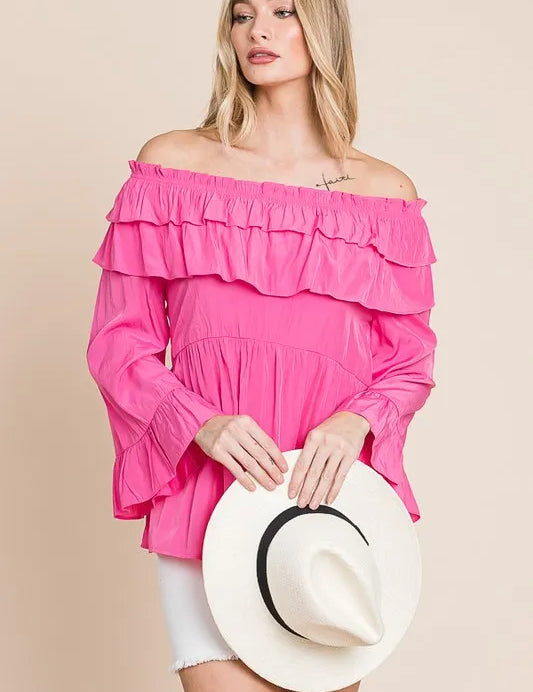 FUCHSIA Lime 'N' Chili Ruffled Trumpet Sleeve Off-The-Shoulder Top | Tops Daverri Fashions