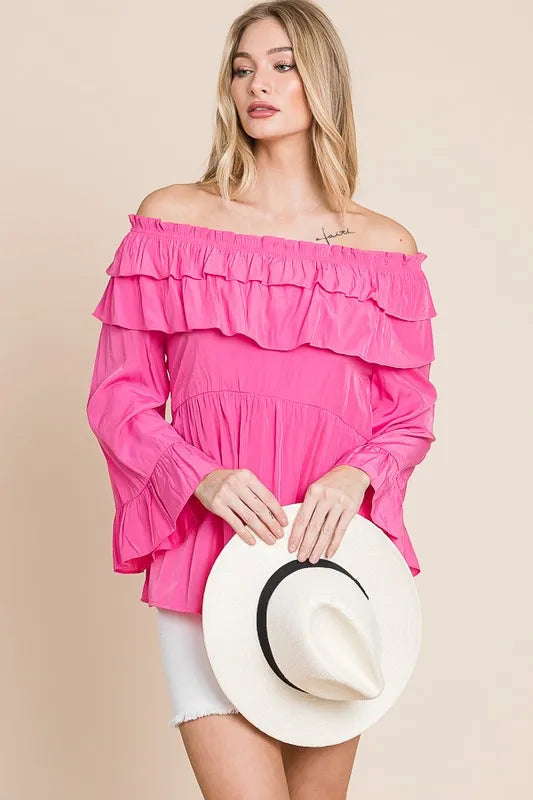Lime 'N' Chili Ruffled Trumpet Sleeve Off-The-Shoulder Top FUCHSIA