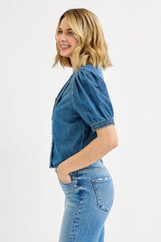 RISEN Button Down Puff Sleeve Crop Denim Shirt | Tops Daverri Fashions