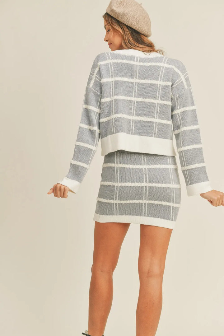 MABLE Plaid Button Down Sweater Cardigan and Mini Skirt Set Outfit Sets