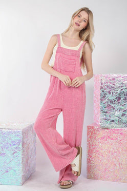 VERY J Texture Washed Wide Leg Overalls - DAVERRI FASHIONS