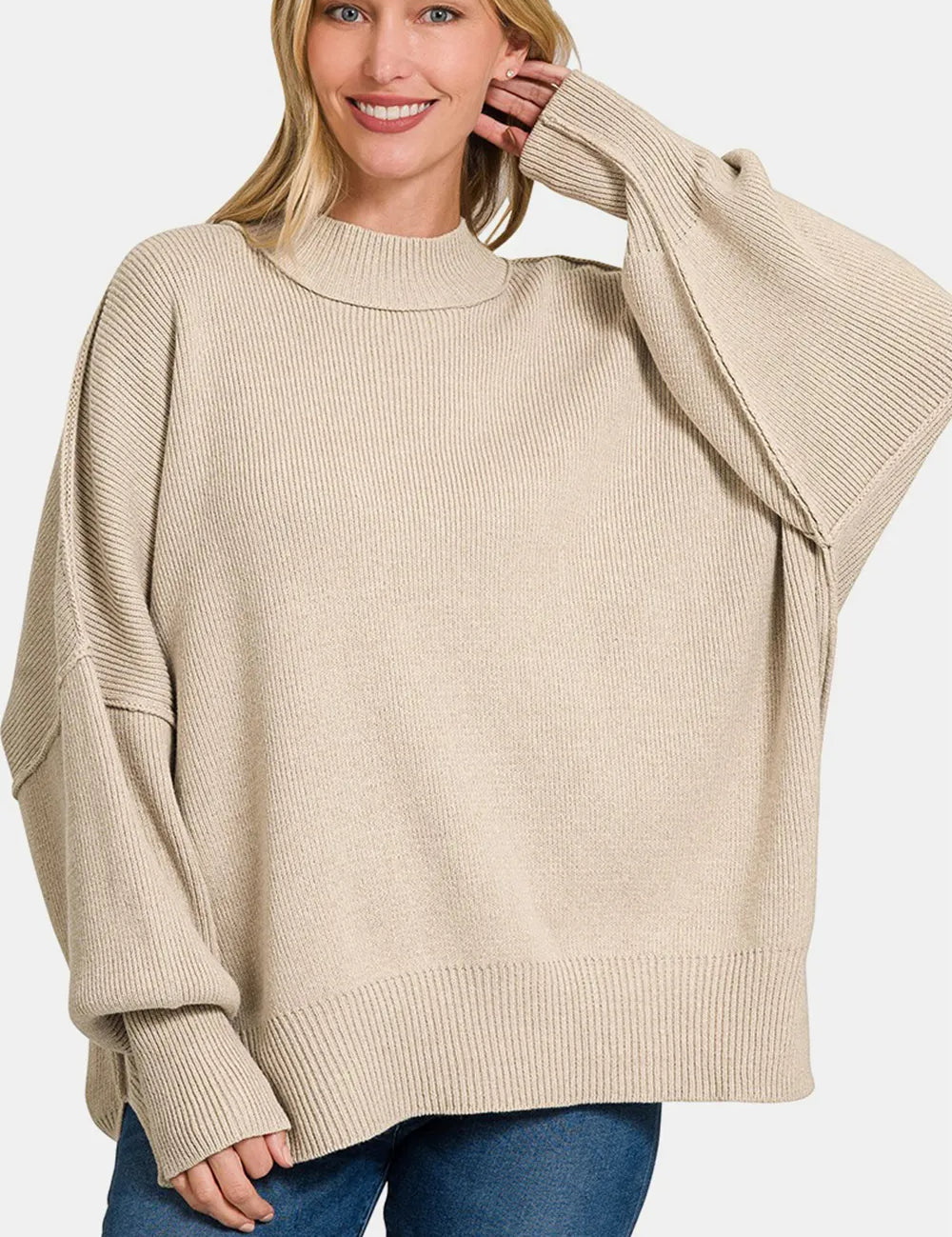H Beige S M Zenana Side Sit Oversize Sweater Beige | Sweaters Daverri Fashions