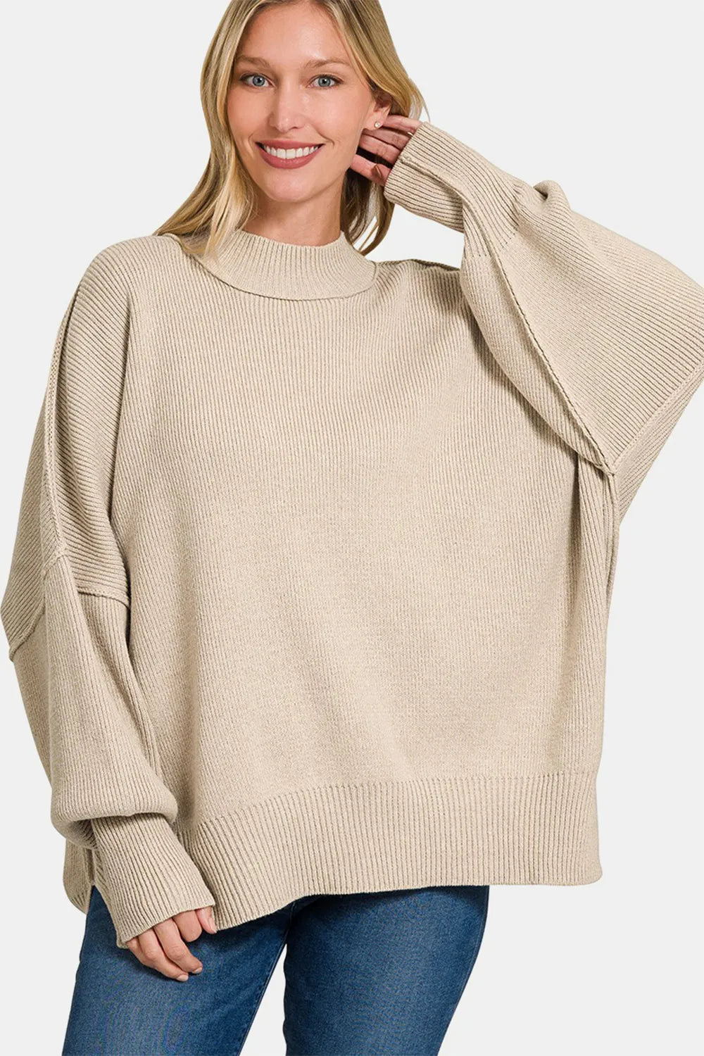 Zenana Side Sit Oversize Sweater H Beige S M Sweaters
