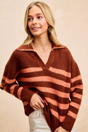 BiBi Striped Sweater Top with Collar Stitched Details | Sweaters Daverri Fashions