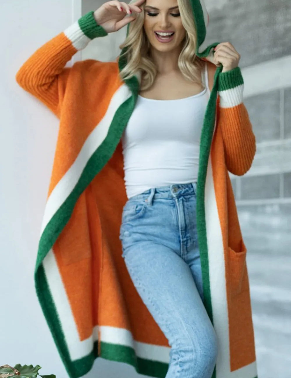 Pocketed Contrast Long Sleeve Hooded Cardigan | Cardigans Daverri Fashions