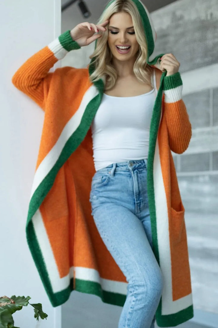 Pocketed Contrast Long Sleeve Hooded Cardigan | Cardigans Daverri Fashions
