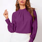 Purple ruched mock neck long sleeve blouse with pleated collar