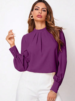 Purple ruched mock neck long sleeve blouse with pleated collar