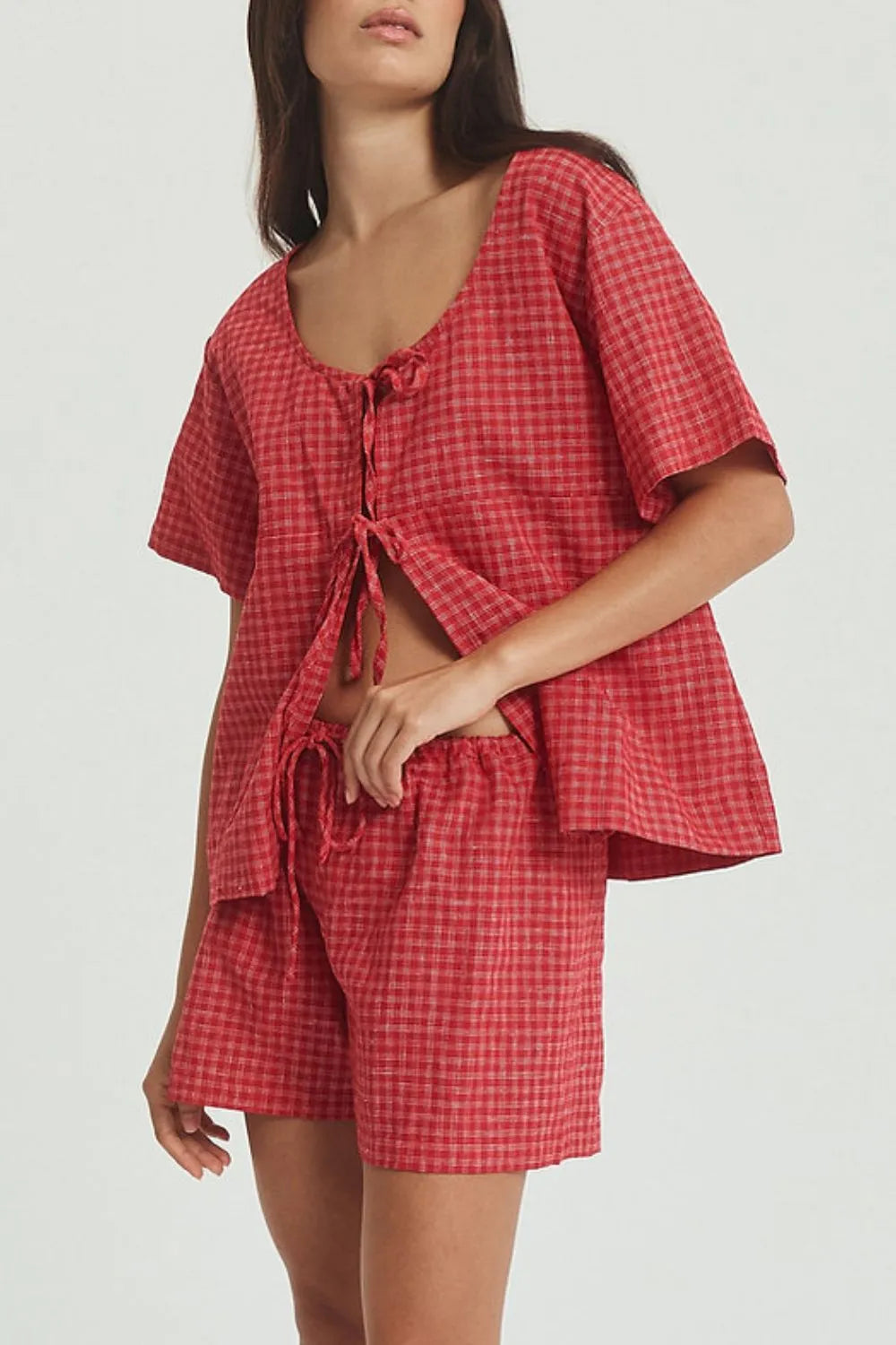 Plaid Tied Scoop Neck Short Sleeve Top and Drawstring Shorts Set | Outfit Sets Daverri Fashions