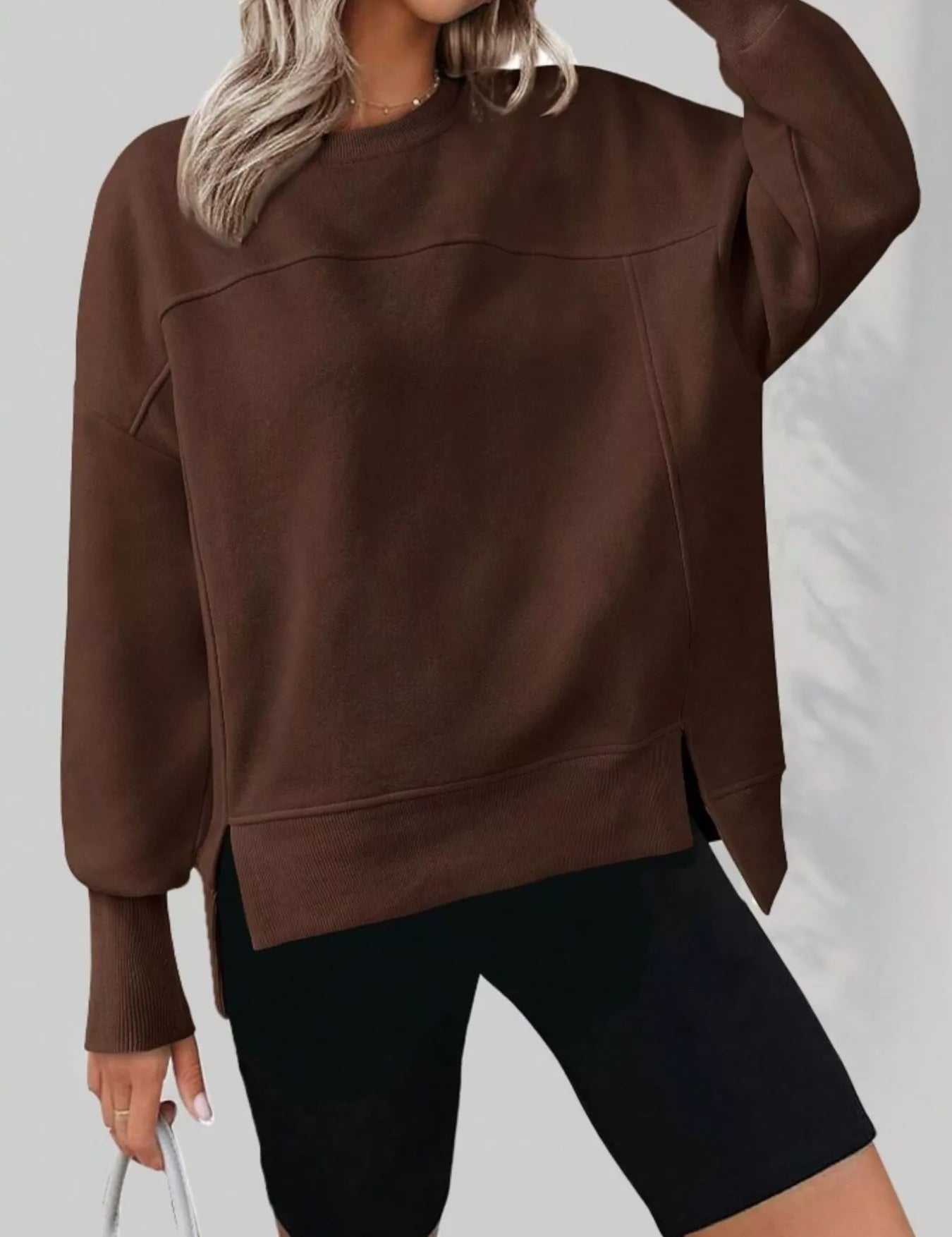 Brown Slit Round Neck Dropped Shoulder Sweatshirt | Sweatshirts Daverri Fashions
