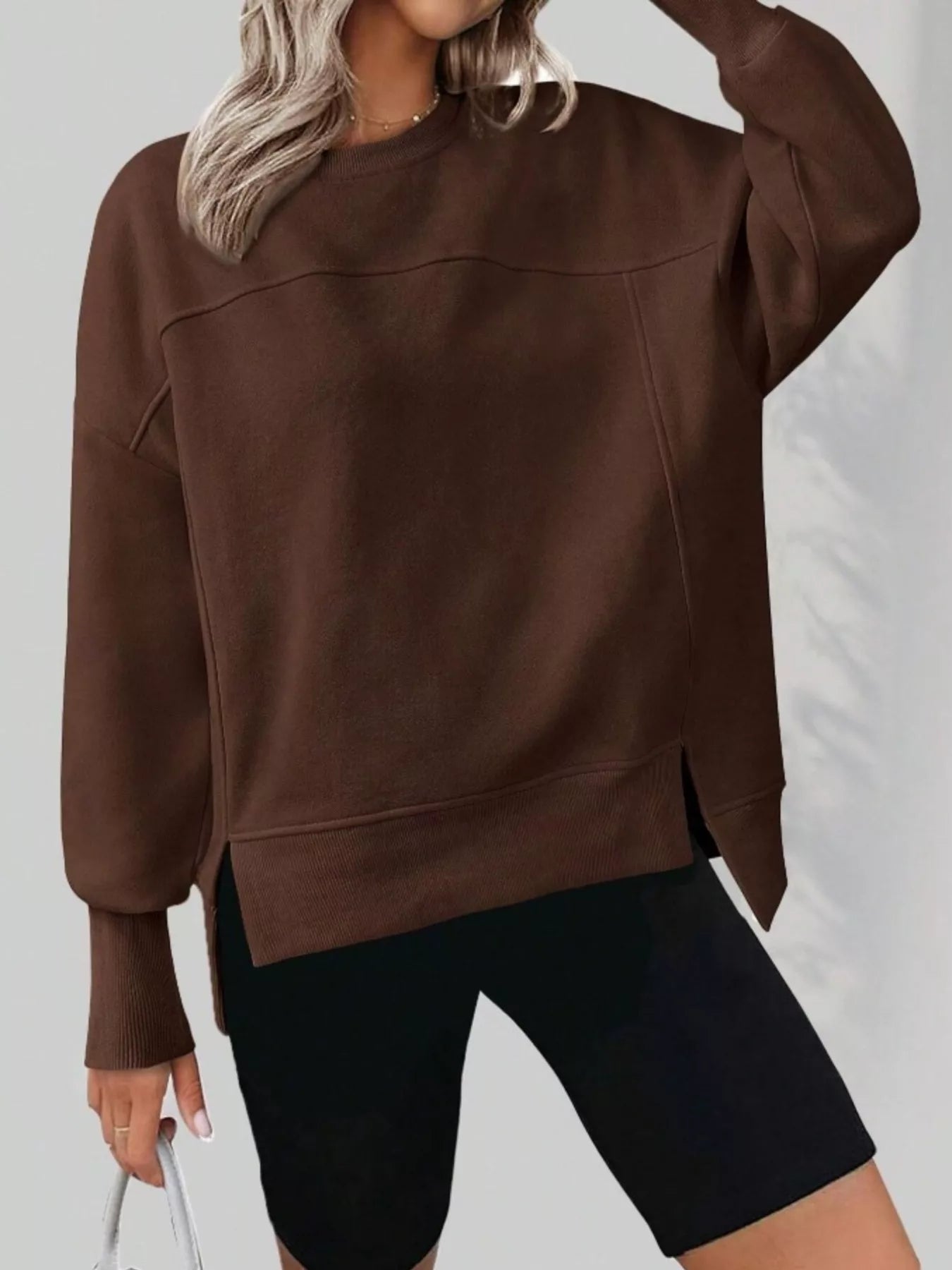 Brown Slit Round Neck Dropped Shoulder Sweatshirt | Sweatshirts Daverri Fashions
