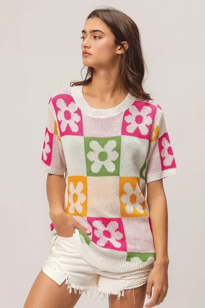 BiBi Flower Checker Pattern Lightweight Sweater Top - DAVERRI FASHIONS