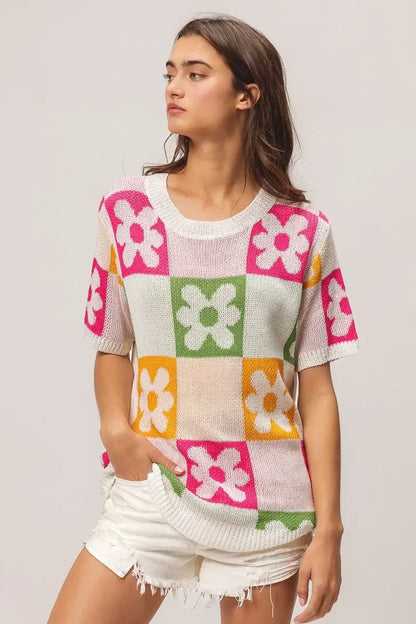 BiBi Flower Checker Pattern Lightweight Sweater Top - DAVERRI FASHIONS