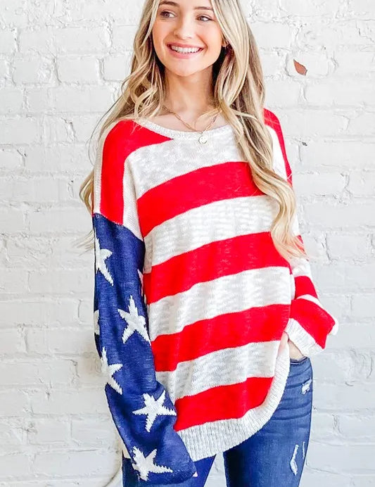 And The Why American Flag Long Sleeve Sweater | Sweaters Daverri Fashions