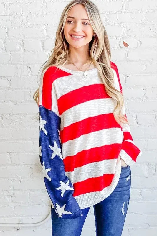 And The Why American Flag Long Sleeve Sweater - DAVERRI FASHIONS