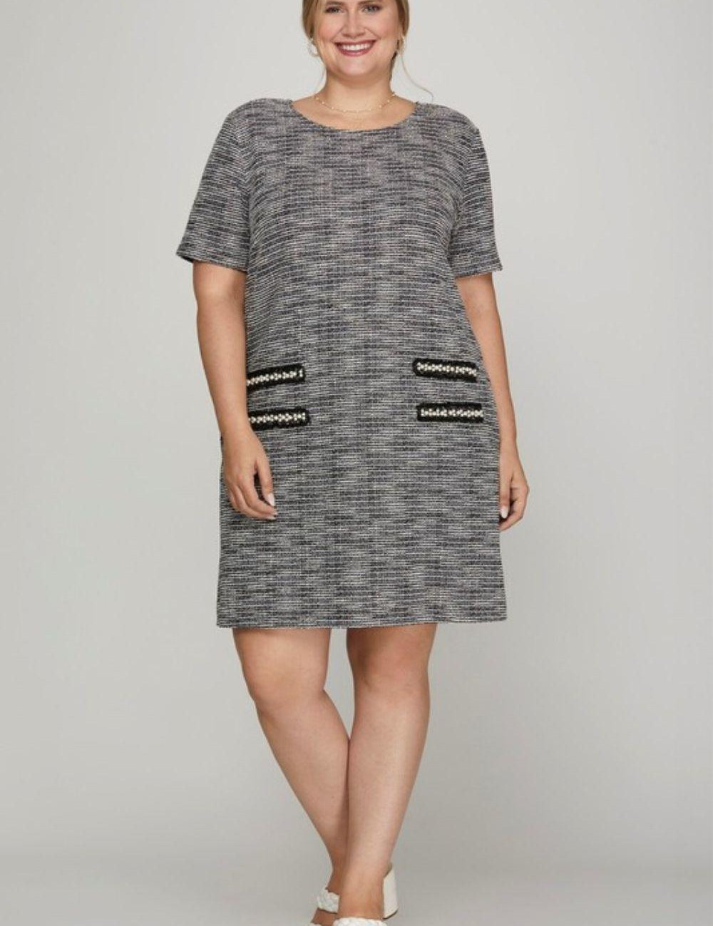 She + Sky Full Size Short Sleeve Pearl Studded Trim Knit Tweed Dress Plus Size | Mini Dresses Daverri Fashions