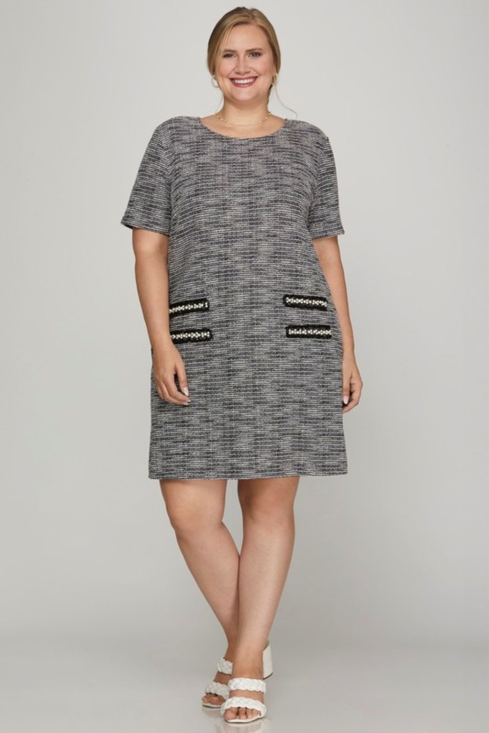 She + Sky Full Size Short Sleeve Pearl Studded Trim Knit Tweed Dress Plus Size Mini Dresses