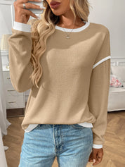 Ribbed Contrast Trim Long Sleeve Top | Knit Tops Daverri Fashions