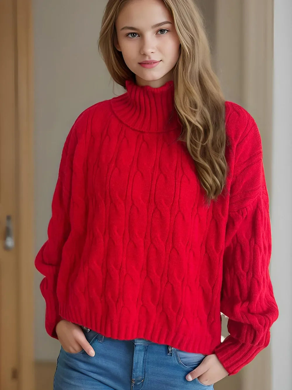 Red cable-knit turtleneck sweater with balloon sleeves