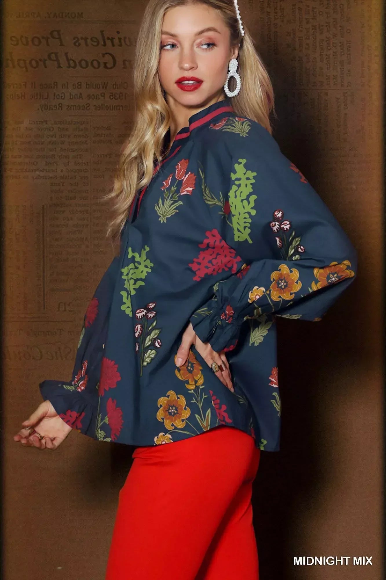 Umgee Floral Print Flounce Sleeve Blouse - DAVERRI FASHIONS