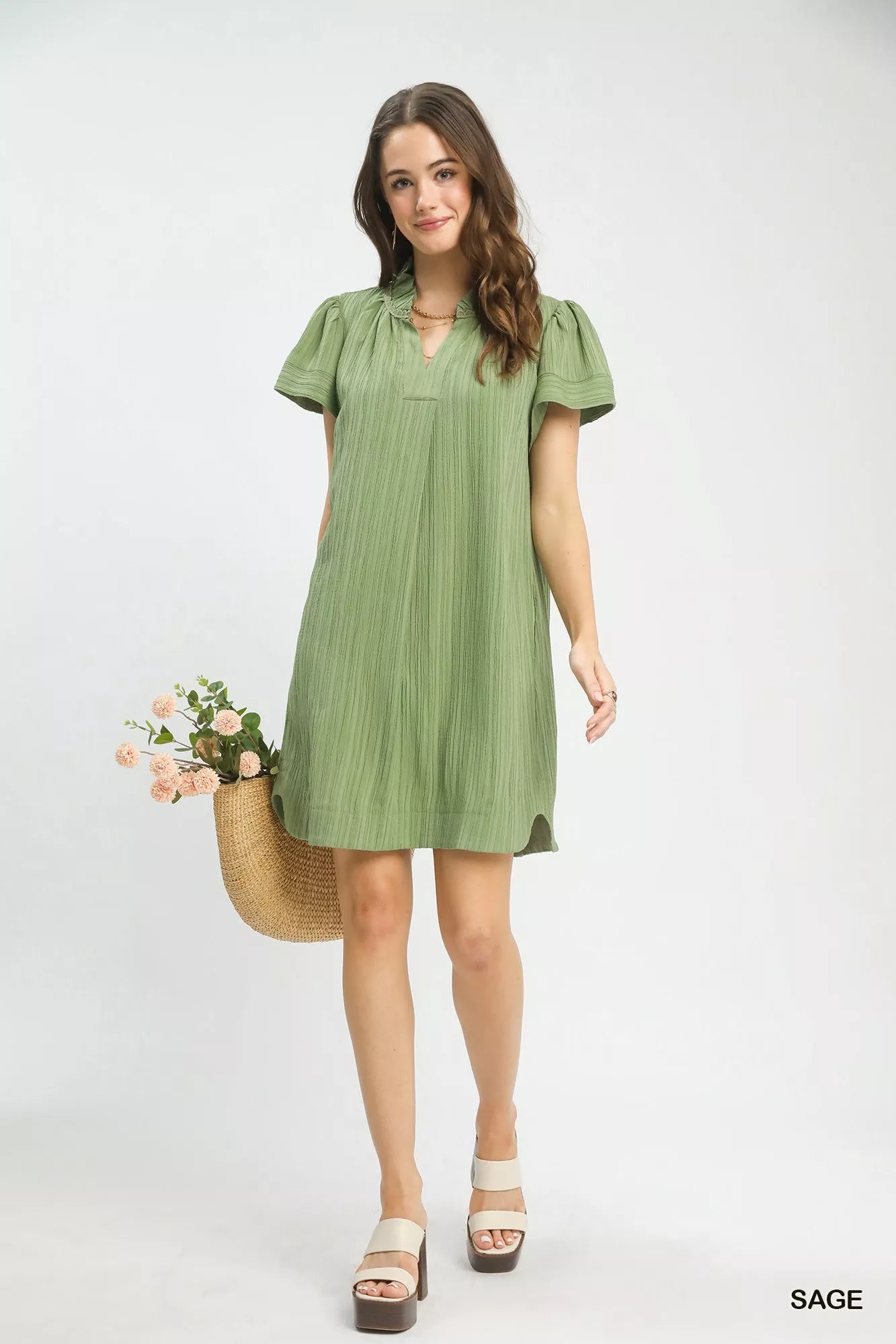 Sage Umgee flutter sleeve v-neck shift dress in sage green texture