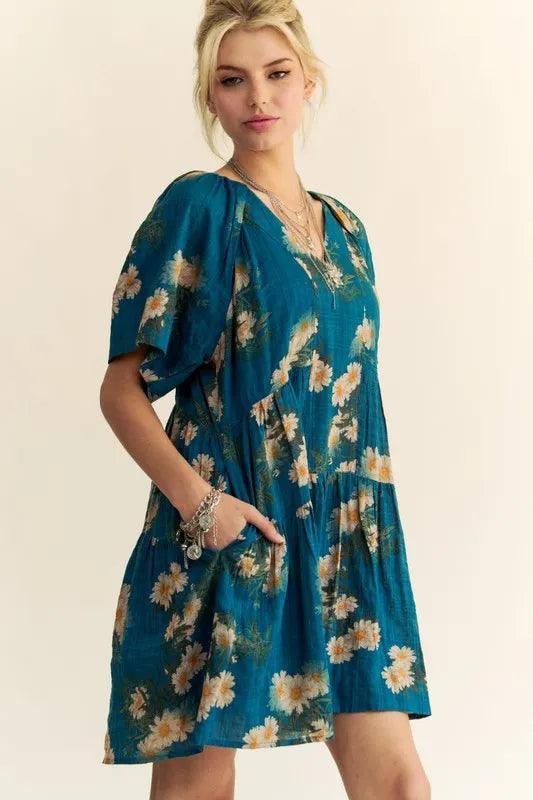 Davi & Dani Floral Print Short Bell Sleeve Pleated Mini Dress - DAVERRI FASHIONS