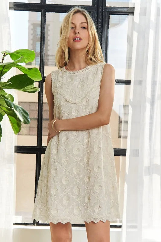 ADORA Applique Round Neck Sleeveless Shift Dress Mini Dresses