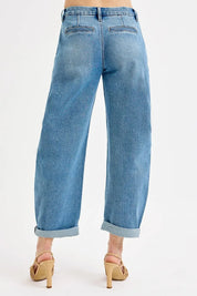 RISEN Full Size Mid Rise Fit Barrel Roll Up Jeans | Jeans Daverri Fashions