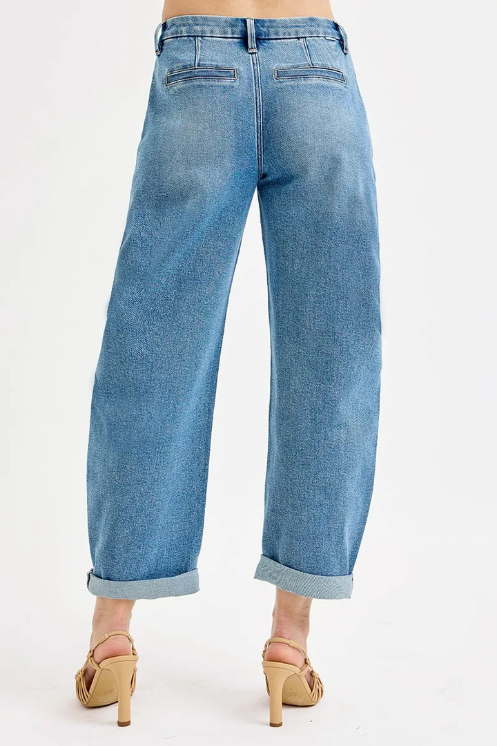 RISEN Full Size Mid Rise Fit Barrel Roll Up Jeans Jeans