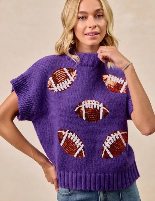 BiBi Gameday Sequin Football Patches Rib Banded Sweater | Sweaters Daverri Fashions