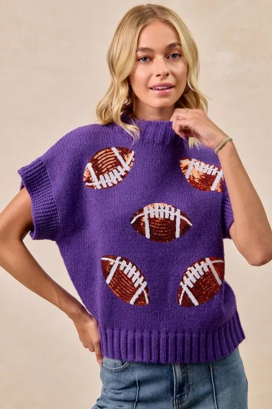 BiBi Gameday Sequin Football Patches Rib Banded Sweater | Sweaters Daverri Fashions